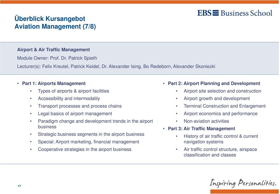 basics of airport management Paradigm change and development trends in the airport business Strategic business segments in the airport business Special: Airport marketing, financial management