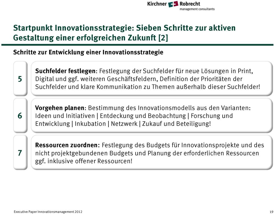 6 Vorgehen planen: Bestimmung des Innovationsmodells aus den Varianten: Ideen und Initiativen Entdeckung und Beobachtung Forschung und Entwicklung Inkubation Netzwerk Zukauf und Beteiligung!