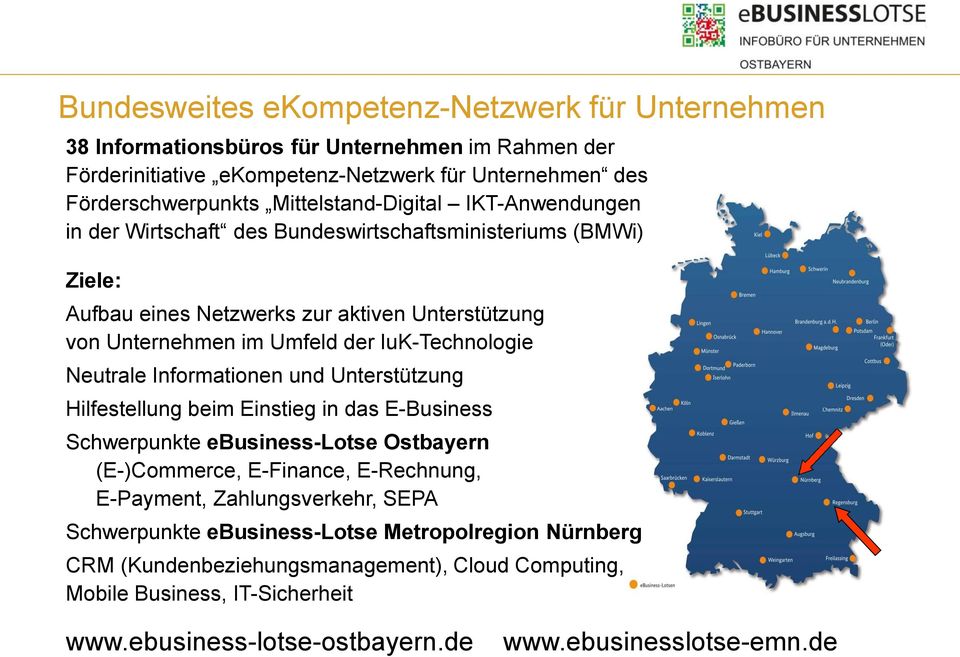 IuK-Technologie Neutrale Informationen und Unterstützung Hilfestellung beim Einstieg in das E-Business Schwerpunkte ebusiness-lotse Ostbayern (E-)Commerce, E-Finance, E-Rechnung, E-Payment,