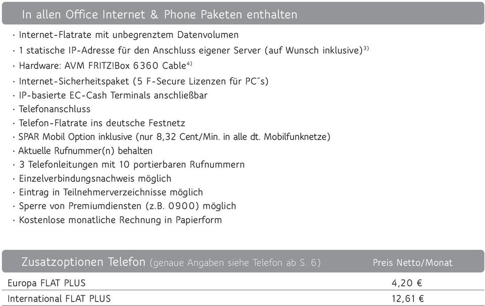 Box 6360 Cable 4) Internet-Sicherheitspaket (5 F-Secure Lizenzen für PC s) IP-basierte EC-Cash Terminals anschließbar Telefonanschluss Telefon-Flatrate ins deutsche Festnetz SPAR Mobil Option