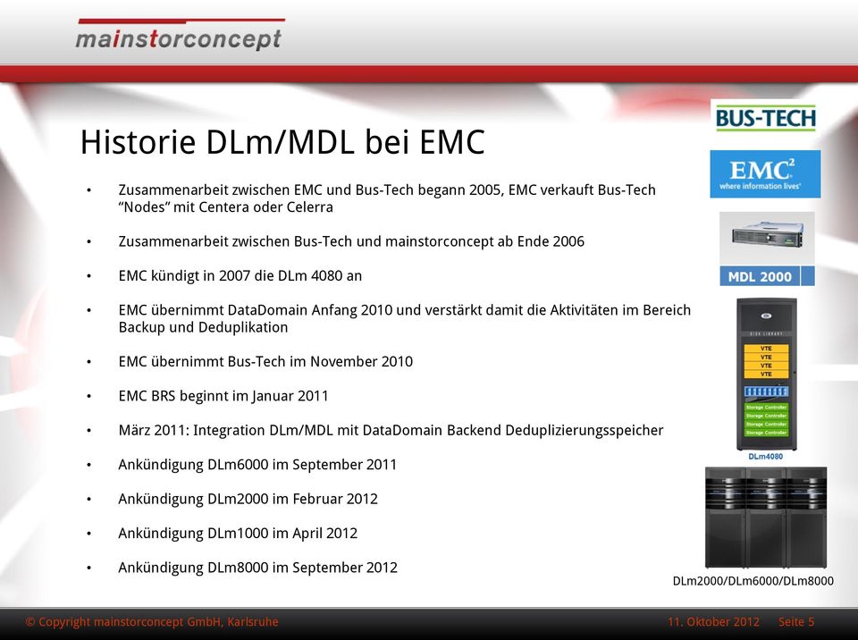 Deduplikation EMC übernimmt Bus-Tech im November 2010 EMC BRS beginnt im Januar 2011 März 2011: Integration DLm/MDL mit DataDomain Backend Deduplizierungsspeicher