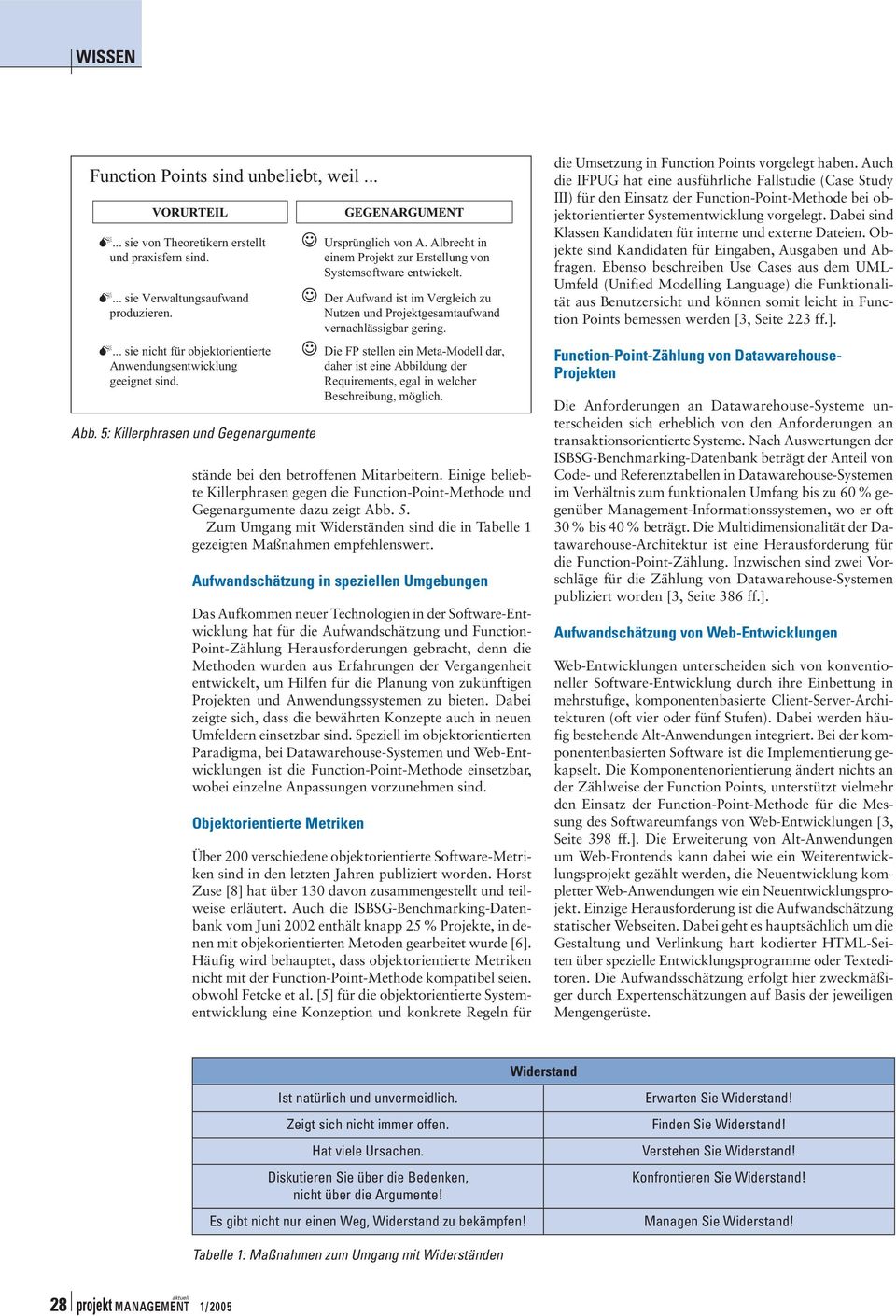 Einige beliebte Killerphrasen gegen die Function-Point-Methode und Gegenargumente dazu zeigt Abb. 5. Zum Umgang mit Widerständen sind die in Tabelle 1 gezeigten Maßnahmen empfehlenswert.