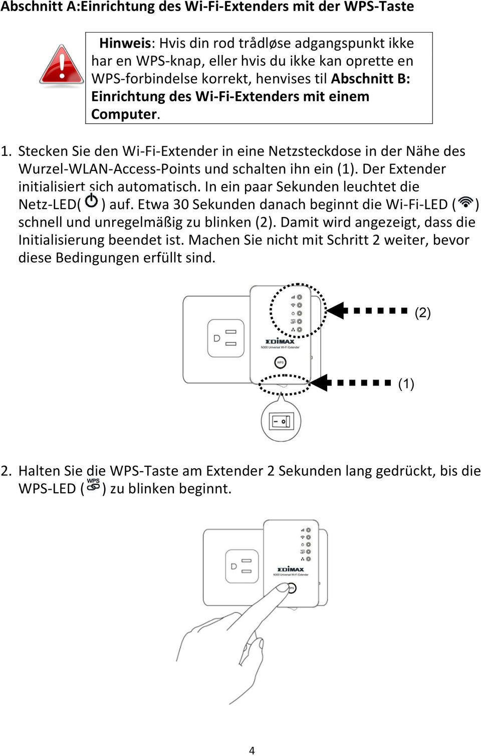 Der Extender initialisiert sich automatisch. In ein paar Sekunden leuchtet die Netz-LED( ) auf. Etwa 30 Sekunden danach beginnt die Wi-Fi-LED ( ) schnell und unregelmäßig zu blinken (2).