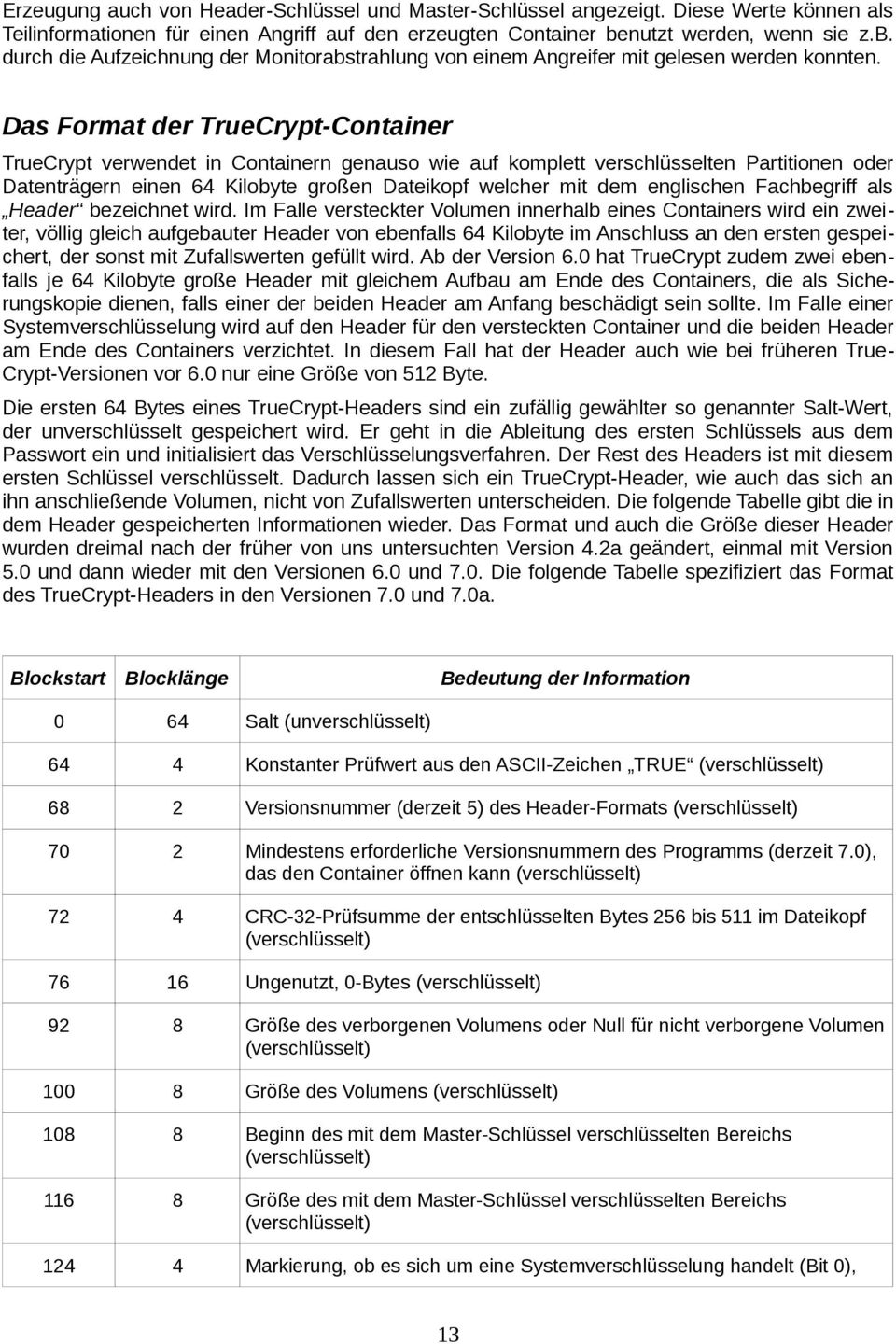 Das Format der TrueCrypt-Container TrueCrypt verwendet in Containern genauso wie auf komplett verschlüsselten Partitionen oder Datenträgern einen 64 Kilobyte großen Dateikopf welcher mit dem