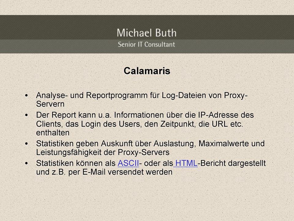 Proxy-Servers Statistiken können als ASCII- oder als HTML-Bericht dargestellt und z.b.