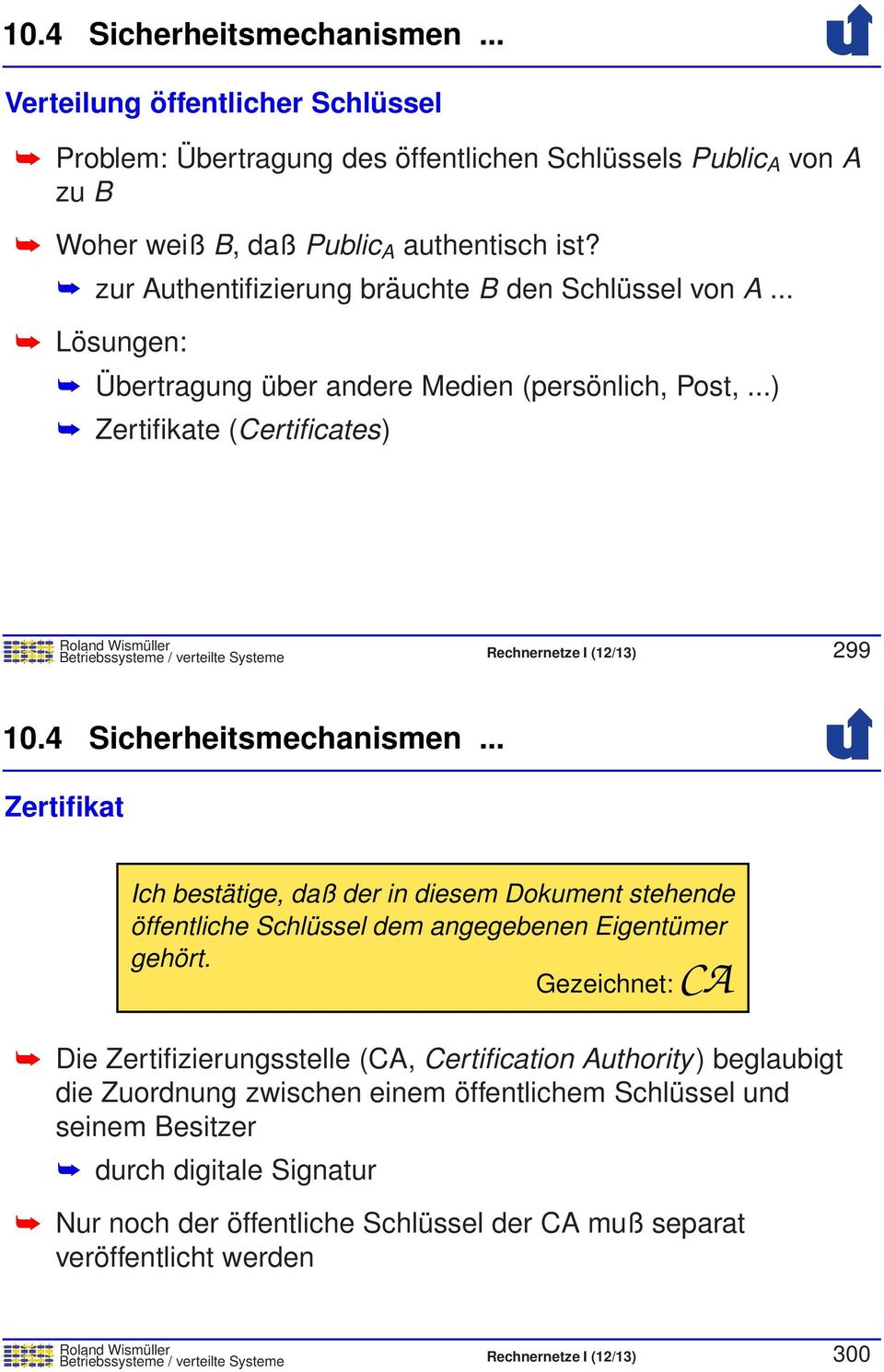 ..) Zertifikate (Certificates) Betriebssysteme / verteilte Systeme Rechnernetze I (12/13) 299 10.4 Sicherheitsmechanismen.
