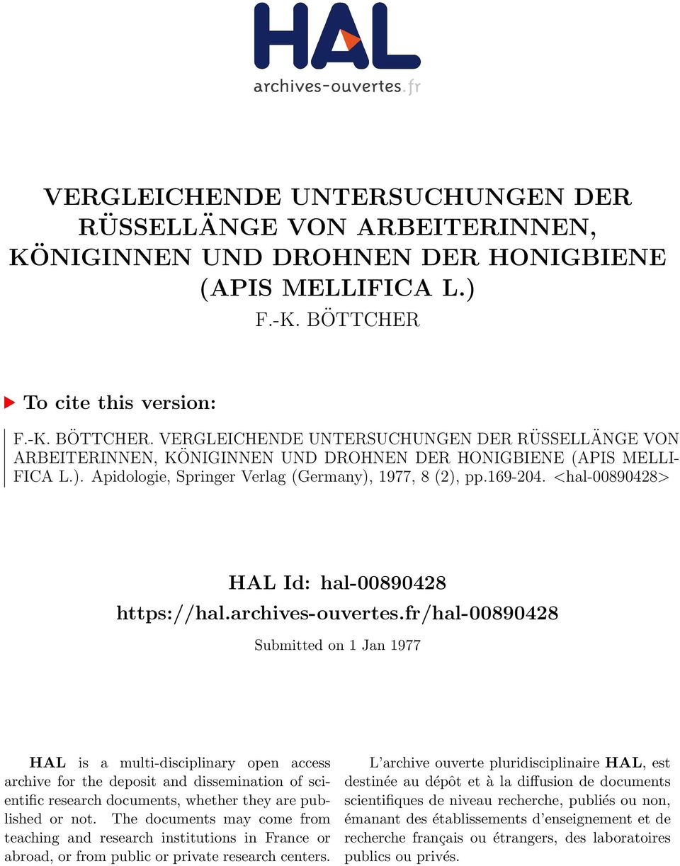 Apidologie, Springer Verlag (Germany), 1977, 8 (2), pp.169204. <hal00890428> HAL Id: hal00890428 https://hal.archivesouvertes.