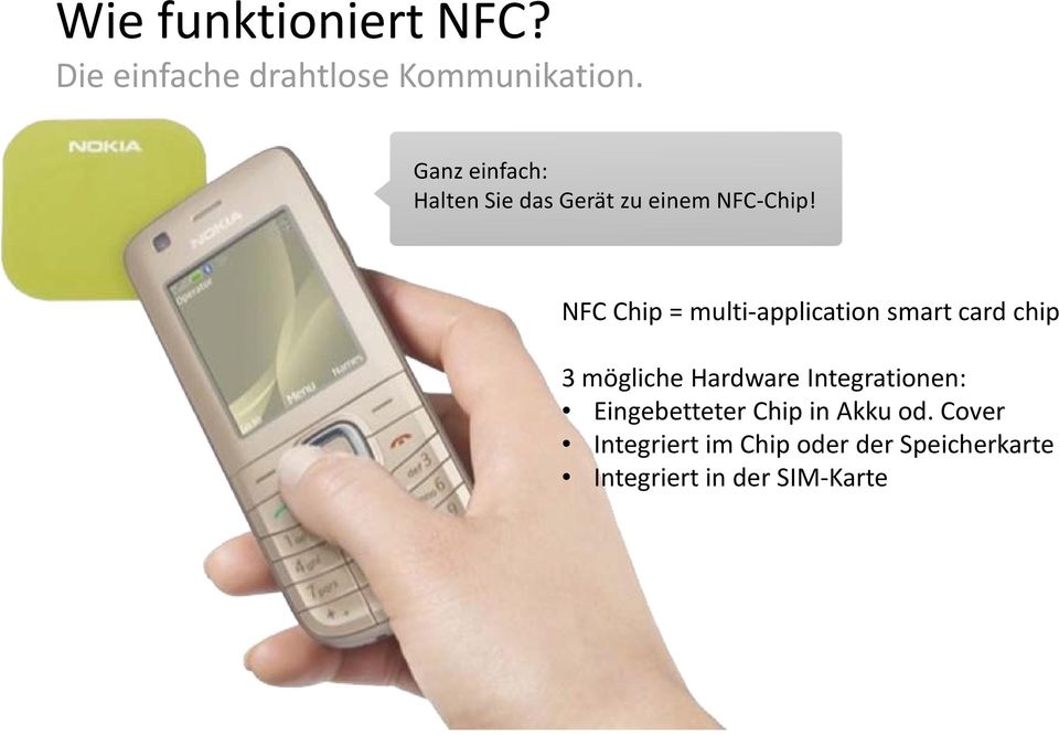 NFC Chip = multi-application smart card chip 3 mögliche Hardware Integrationen: