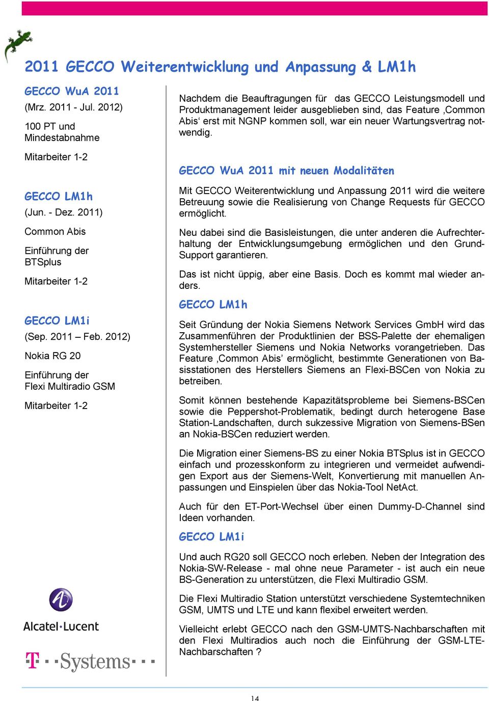 2012) Nokia RG 20 Einführung der Flexi Multiradio GSM Mitarbeiter 1-2 Nachdem die Beauftragungen für das GECCO Leistungsmodell und Produktmanagement leider ausgeblieben sind, das Feature Common Abis