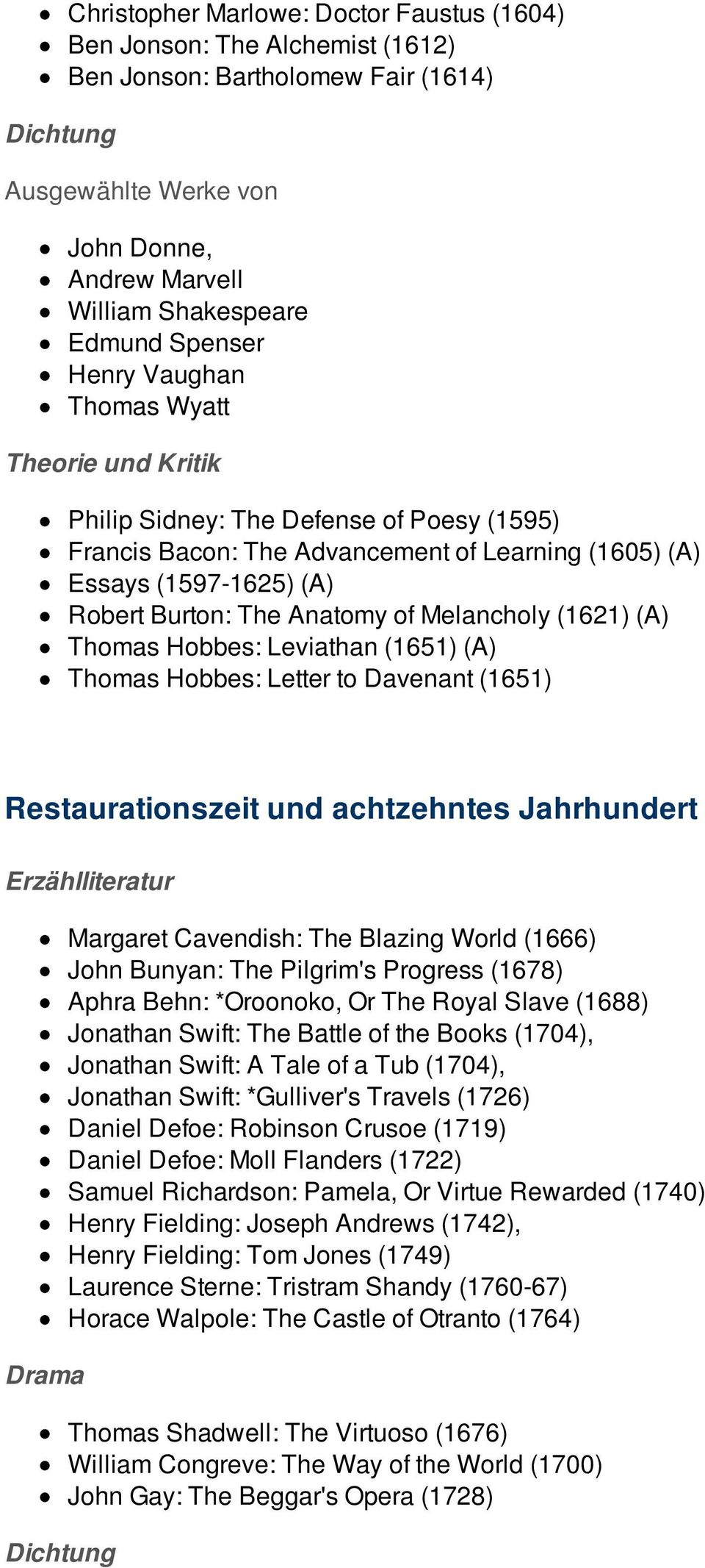 Thomas Hobbes: Leviathan (1651) (A) Thomas Hobbes: Letter to Davenant (1651) Restaurationszeit und achtzehntes Jahrhundert Margaret Cavendish: The Blazing World (1666) John Bunyan: The Pilgrim's