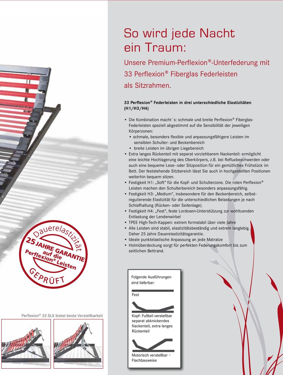 der jeweiligen Körperzonen: schmale, besonders flexible und anpassungsfähigere Leisten im sensiblen Schulter- und Beckenbereich breite Leisten im übrigen Liegebereich Extra langes Rückenteil mit