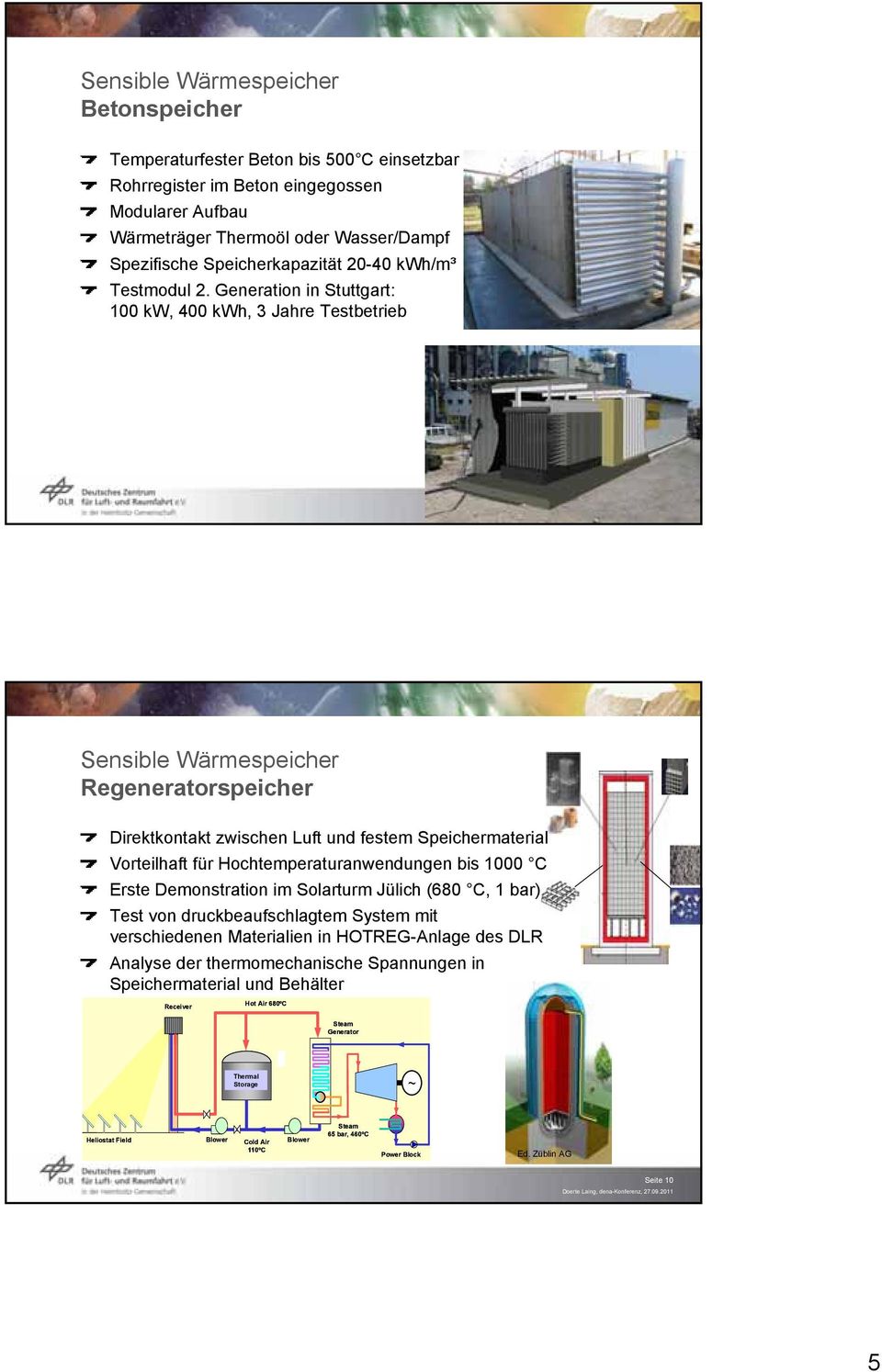 Generation in Stuttgart: 100 kw, 400 kwh, 3 Jahre Testbetrieb Seite 9 Sensible Wärmespeicher Regeneratorspeicher Direktkontakt zwischen Luft und festem Speichermaterial Vorteilhaft für