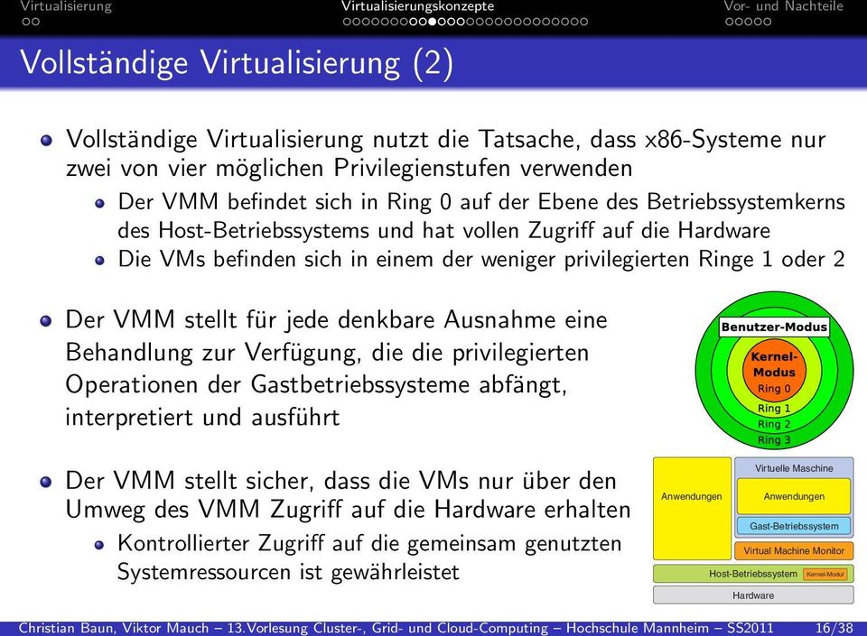 möglichen Privilegienstufen verwenden Der VMM befindet sich in Ring 0 auf der Ebene des Betriebssystemkerns des Host-Betriebssystems und hat vollen Zugriff auf die Hardware Die VMs befinden sich in