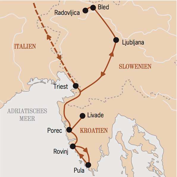 Von der grünen Hauptstadt Ljubljana gelangen Sie zu malerischen Seen in den Julischen Alpen, Kirchen und Wasserfälle wirken wie hingetupft in die Gebirgslandschaft.