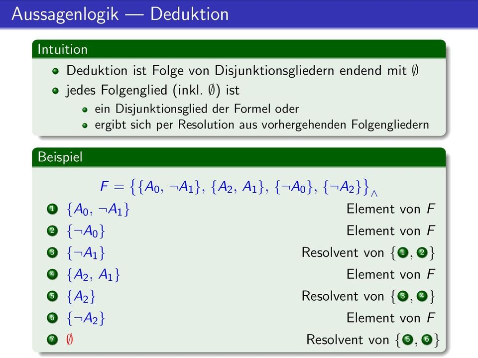 ) ist ein Disjunktionsglied der Formel oder ergibt sich per Resolution aus vorhergehenden Folgengliedern F = { {A 0, A