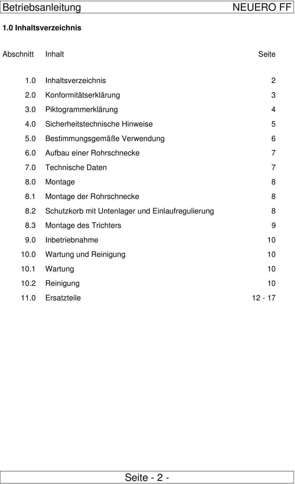 0 Aufbau einer Rohrschnecke 7 7.0 Technische Daten 7 8.0 Montage 8 8.1 Montage der Rohrschnecke 8 8.