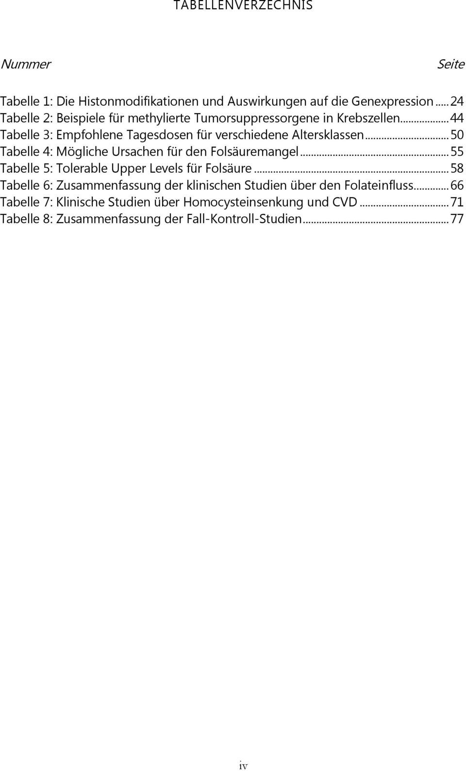.. 44 Tabelle 3: Empfohlene Tagesdosen für verschiedene Altersklassen... 50 Tabelle 4: Mögliche Ursachen für den Folsäuremangel.