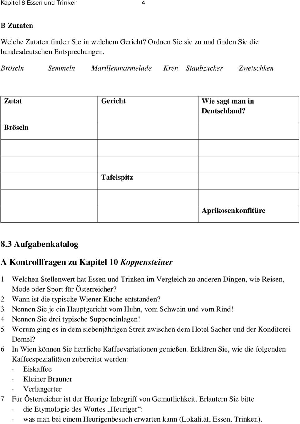 3 Aufgabenkatalog A Kontrollfragen zu Kapitel 10 Koppensteiner 1 Welchen Stellenwert hat Essen und Trinken im Vergleich zu anderen Dingen, wie Reisen, Mode oder Sport für Österreicher?