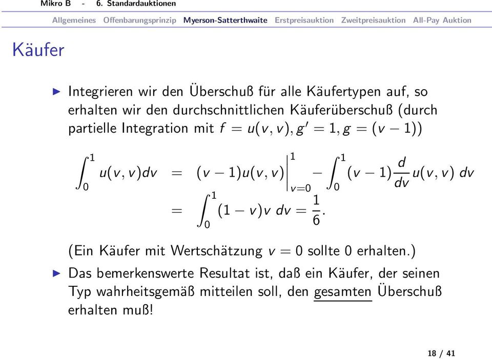 v=0 (1 v)v dv = 1 6. 1 0 (v 1) d u(v,v) dv dv (Ein Käufer mit Wertschätzung v = 0 sollte 0 erhalten.