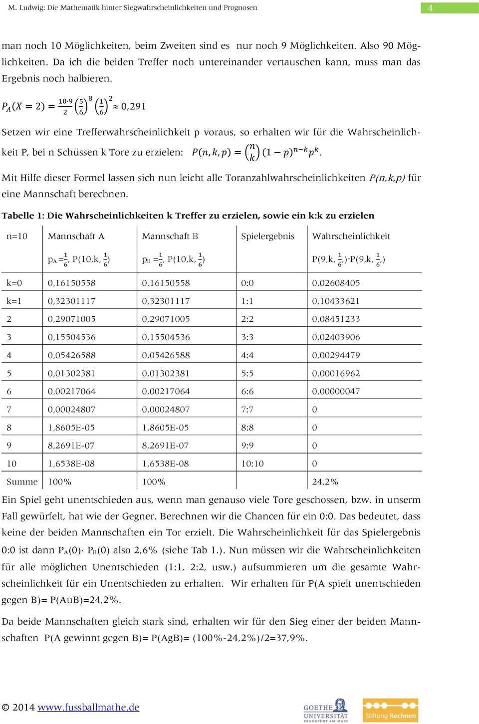 Mit Hilfe dieser Formel lassen sich nun leicht alle Toranzahlwahrscheinlichkeiten P(n,k,p) für eine Mannschaft berechnen.