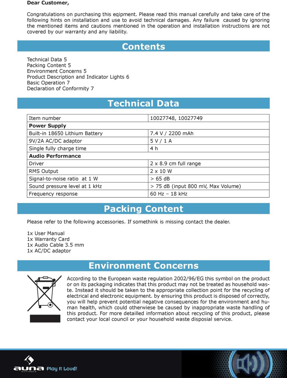 Technical Data 5 Packing Content 5 Environment Concerns 5 Product Description and Indicator Lights 6 Basic Operation 7 Declaration of Conformity 7 Contents Technical Data Item number 10027748,