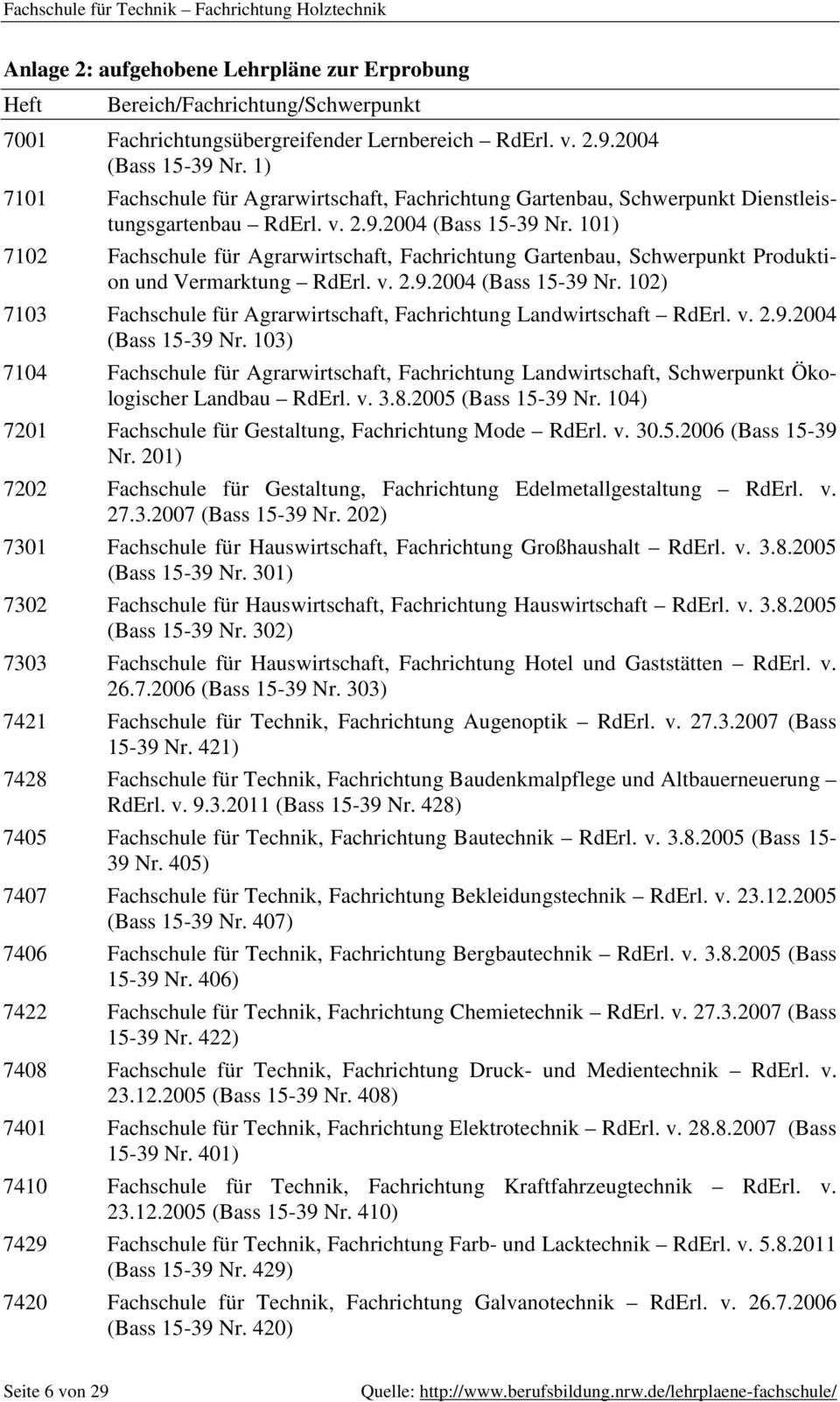 101) 7102 Fachschule für Agrarwirtschaft, Fachrichtung Gartenbau, Schwerpunkt Produktion und Vermarktung RdErl. v. 2.9.2004 (Bass 15-39 Nr.