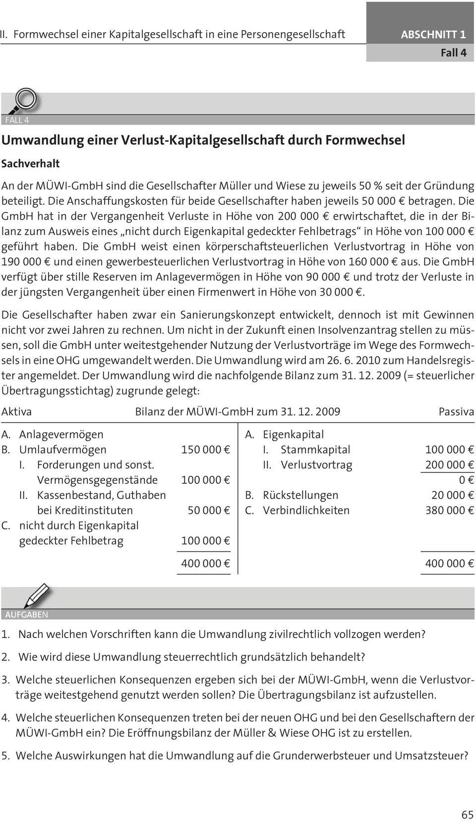 Die GmbH hat in der Vergangenheit Verluste in Höhe von 200 000 erwirtschaftet, die in der Bilanz zum Ausweis eines nicht durch Eigenkapital gedeckter Fehlbetrags in Höhe von geführt haben.