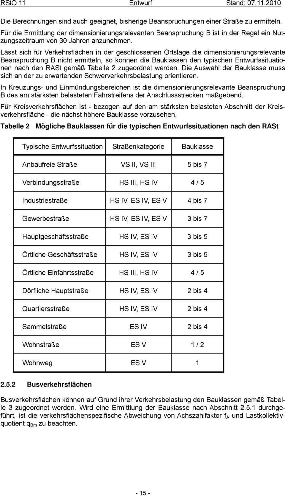 Lässt sich für Verkehrsflächen in der geschlossenen Ortslage die dimensionierungsrelevante Beanspruchung B nicht ermitteln, so können die Bauklassen den typischen Entwurfssituationen nach den RASt