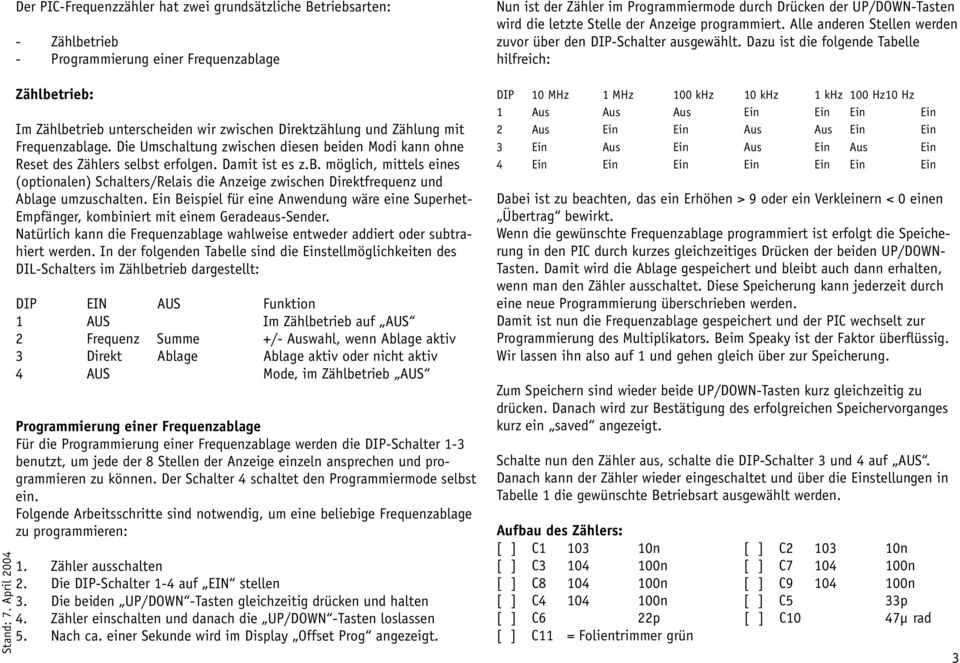 April 00 Zählbetrieb: Im Zählbetrieb unterscheiden wir zwischen Direktzählung und Zählung mit Frequenzablage. Die Umschaltung zwischen diesen beiden Modi kann ohne Reset des Zählers selbst erfolgen.