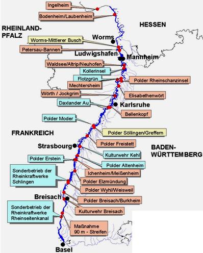 3 Hochwasserschutz 32 Abbildung 10: Übersicht der Hochwasserrückhaltemaßnahmen am Oberrhein 12 3.