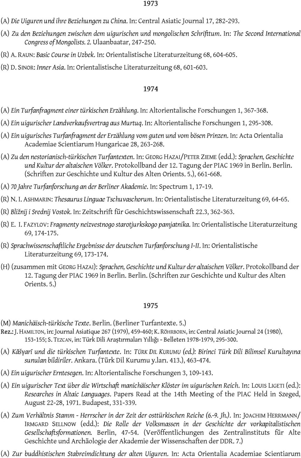 In: Orientalistische Literaturzeitung 68, 601-603. 1974 (A) Ein Turfanfragment einer türkischen Erzählung. In: Altorientalische Forschungen 1, 367-368.