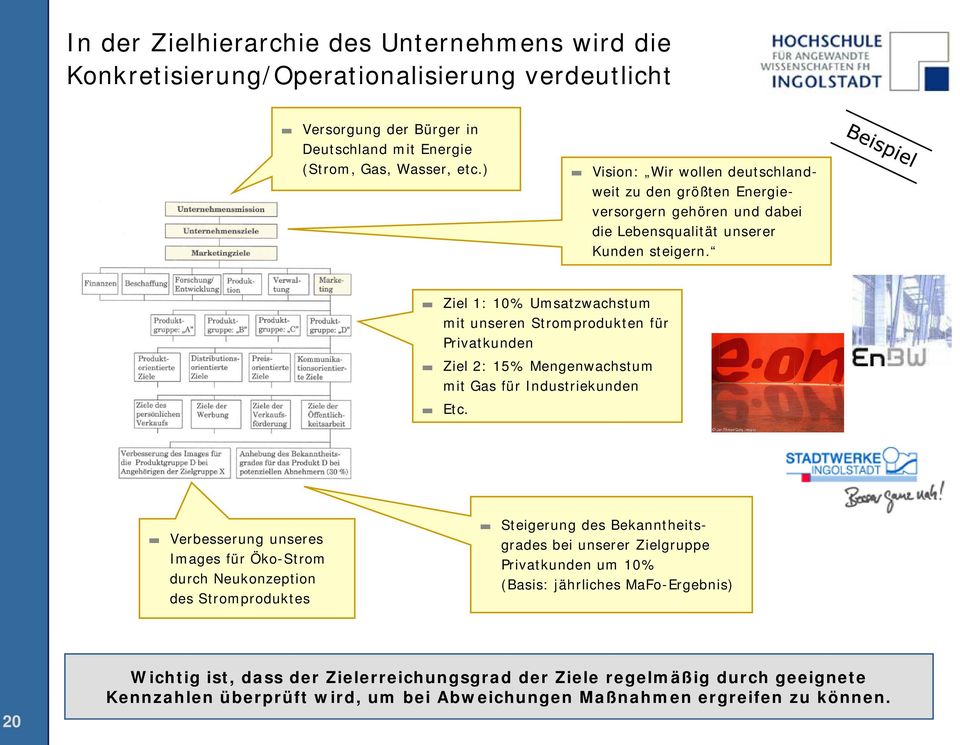 Ziel 1: 10% Umsatzwachstum mit unseren Stromprodukten für Privatkunden Ziel 2: 15% Mengenwachstum mit Gas für Industriekunden Etc.