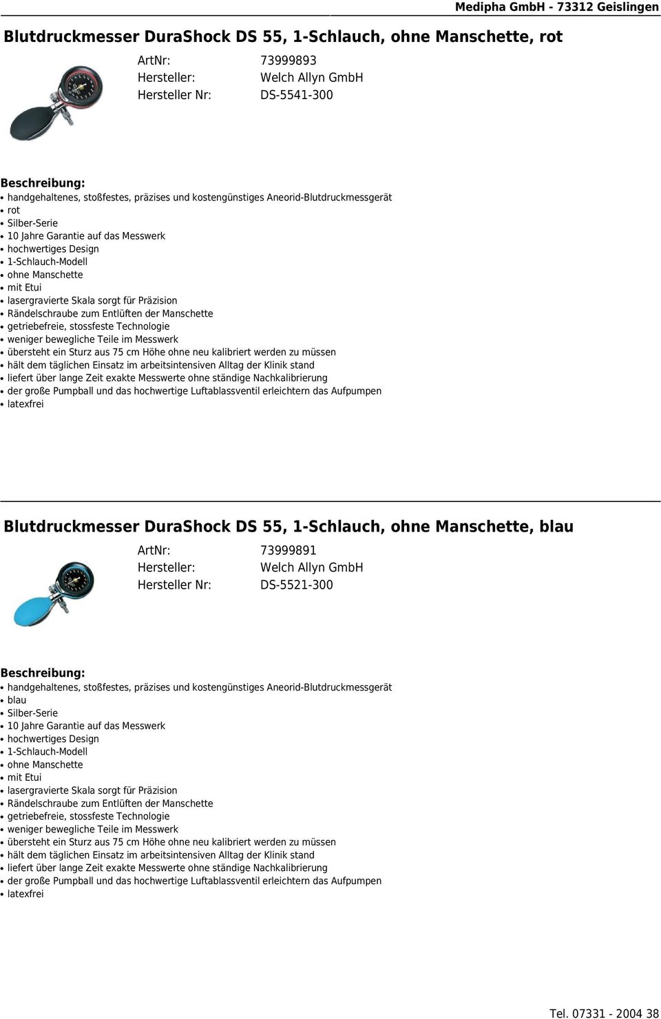Blutdruckmesser DuraShock DS 55, 1-Schlauch, ohne Manschette, blau ArtNr: 73999891 Hersteller Nr: DS-5521-300 blau Silber-Serie