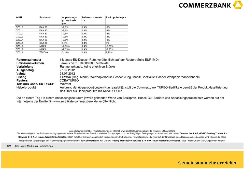 Reuters-Seite EUR1MD= Emissionsvolumen Jeweils bis zu 10.000.000 Zertifikate Verbriefung Rahmenurkunde, keine effektiven Stücke Ausgabetag 27.07.2012 Valuta 31.07.2012 Listing EUWAX (Reg.