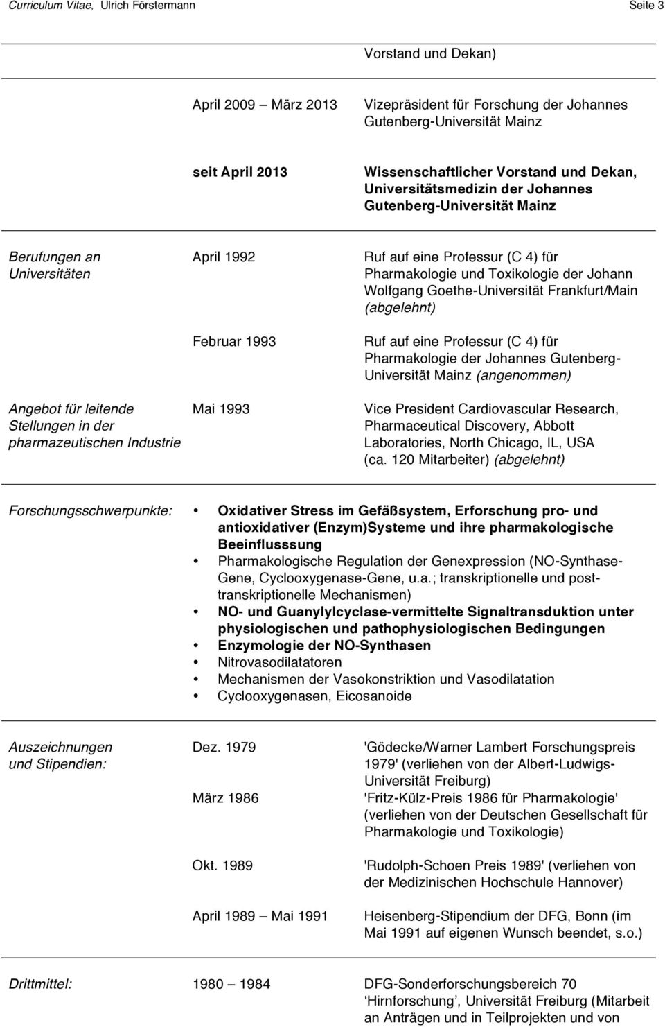 Ruf auf eine Professur (C 4) für Pharmakologie und Toxikologie der Johann Wolfgang Goethe-Universität Frankfurt/Main (abgelehnt) Ruf auf eine Professur (C 4) für Pharmakologie der Johannes Gutenberg-