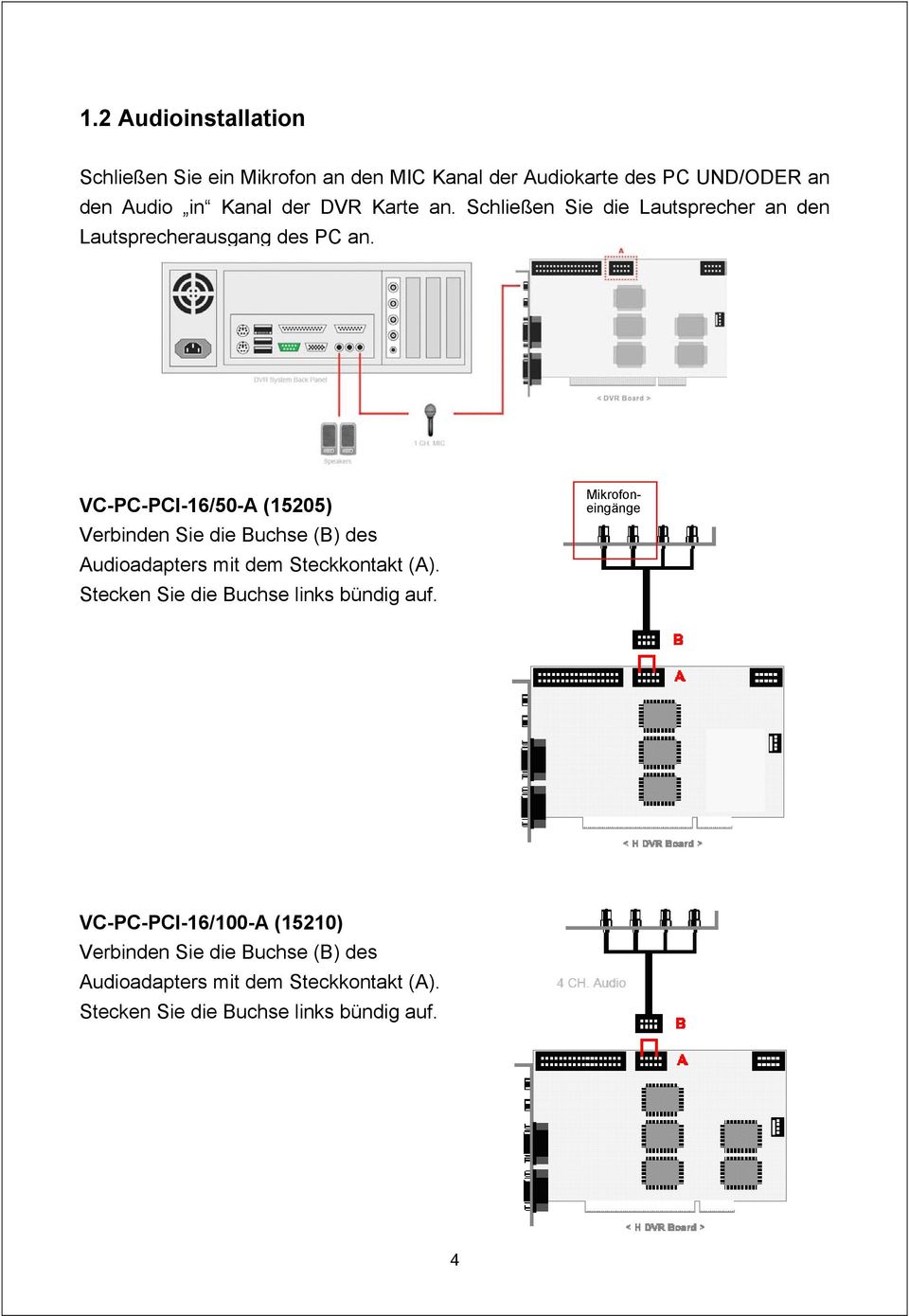 VC-PC-PCI-16/50-A (15205) Verbinden Sie die Buchse (B) des Audioadapters mit dem Steckkontakt (A).