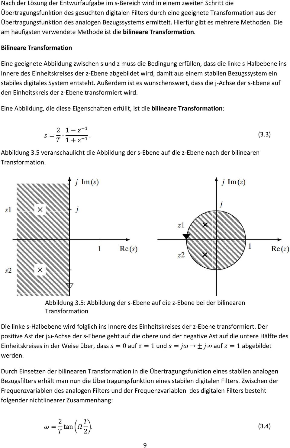 Bilineare Transformation Eine geeignete Abbildung zwischen s und z muss die Bedingung erfüllen, dass die linke s Halbebene ins Innere des Einheitskreises der z Ebene abgebildet wird, damit aus einem