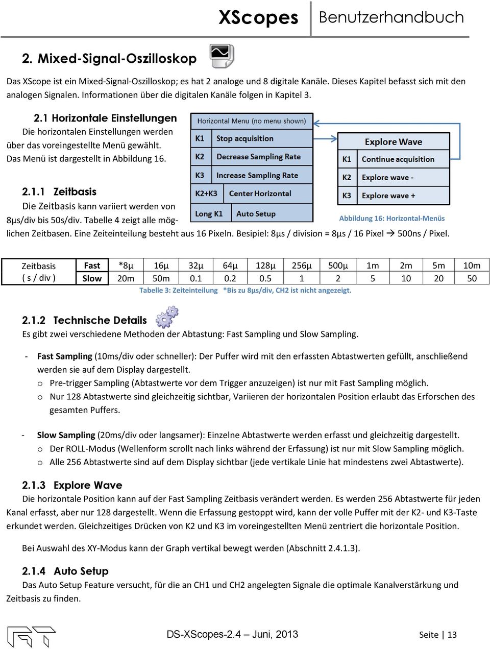 Das Menü ist dargestellt in Abbildung 16. 2.1.1 Zeitbasis Die Zeitbasis kann variiert werden von 8µs/div bis 50s/div. Tabelle 4 zeigt alle mög- Abbildung 16: Horizontal-Menüs lichen Zeitbasen.