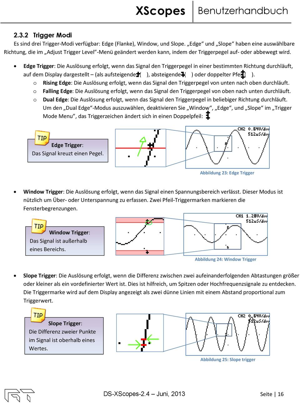 Edge Trigger: Die Auslösung erfolgt, wenn das Signal den Triggerpegel in einer bestimmten Richtung durchläuft, auf dem Display dargestellt (als aufsteigender ( ), absteigender ( ) oder doppelter