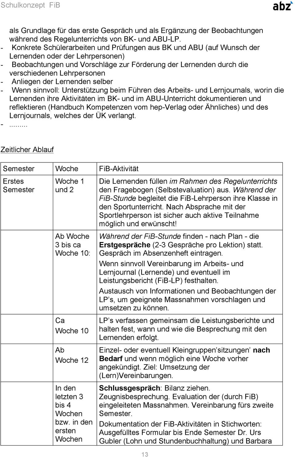 Lehrpersonen - Anliegen der Lernenden selber - Wenn sinnvoll: Unterstützung beim Führen des Arbeits- und Lernjournals, worin die Lernenden ihre Aktivitäten im BK- und im ABU-Unterricht dokumentieren