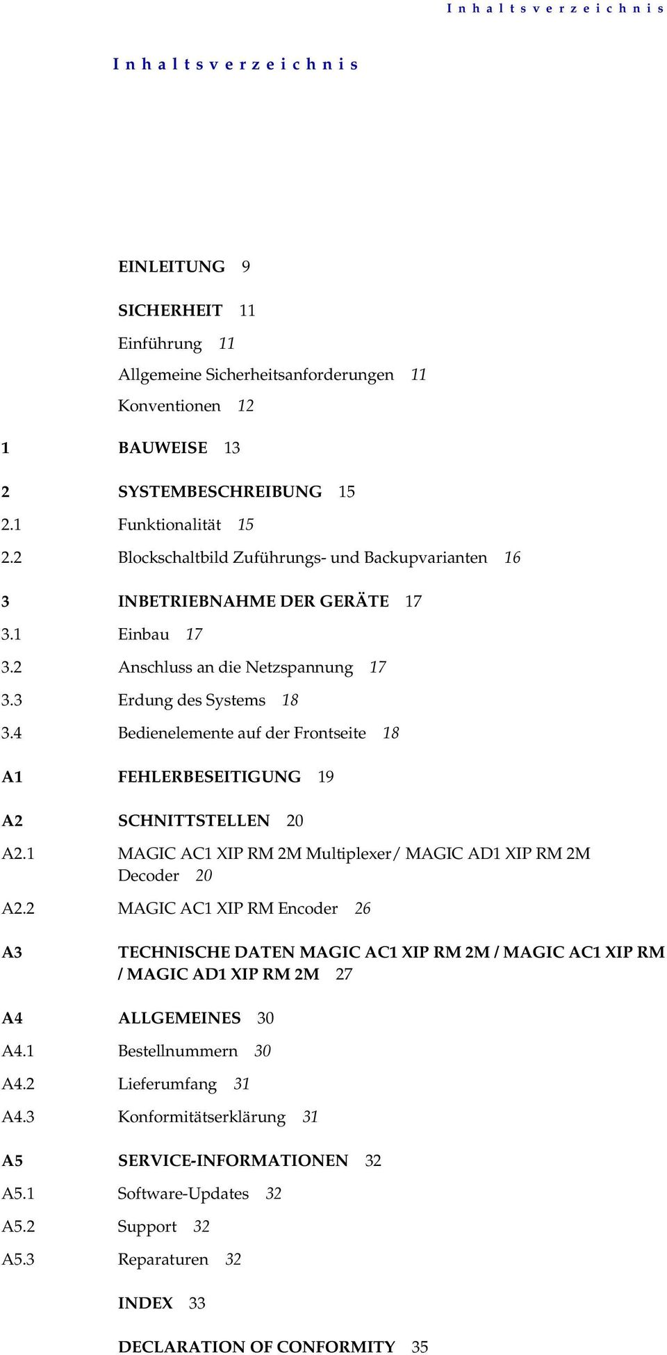 4 Bedienelemente auf der Frontseite 18 A1 FEHLERBESEITIGUNG 19 A2 SCHNITTSTELLEN 20 A2.1 MAGIC AC1 XIP RM 2M Multiplexer/ MAGIC AD1 XIP RM 2M Decoder 20 A2.