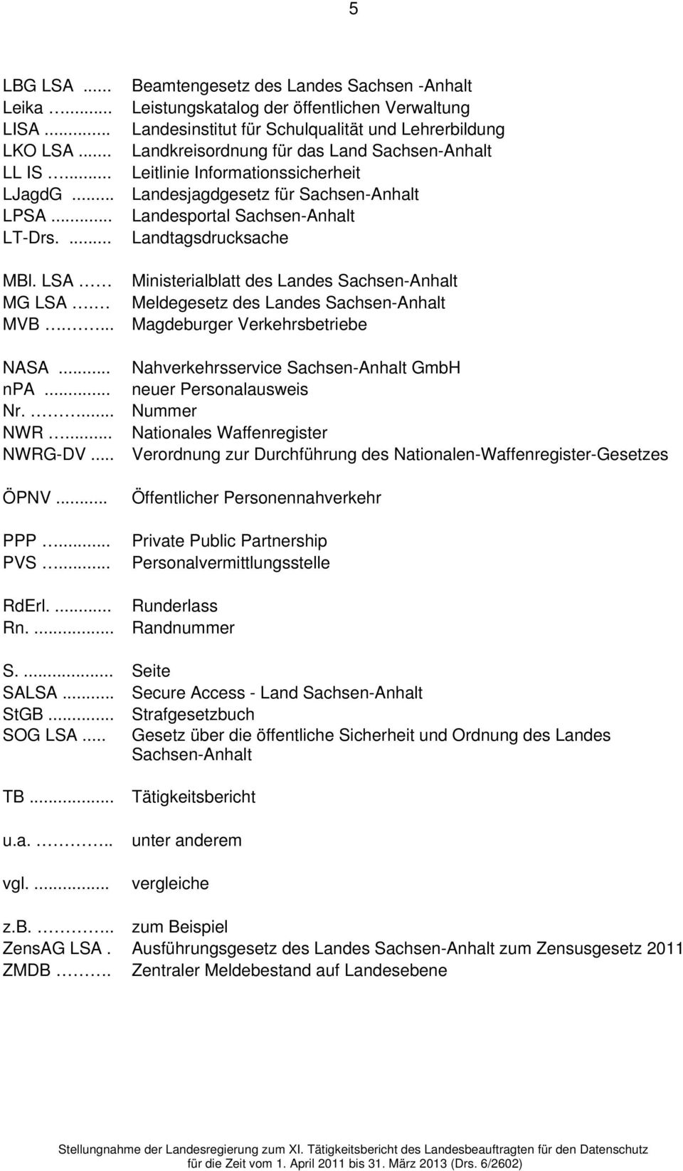 ... Landtagsdrucksache MBl. LSA Ministerialblatt des Landes Sachsen-Anhalt MG LSA. Meldegesetz des Landes Sachsen-Anhalt MVB.... Magdeburger Verkehrsbetriebe NASA.
