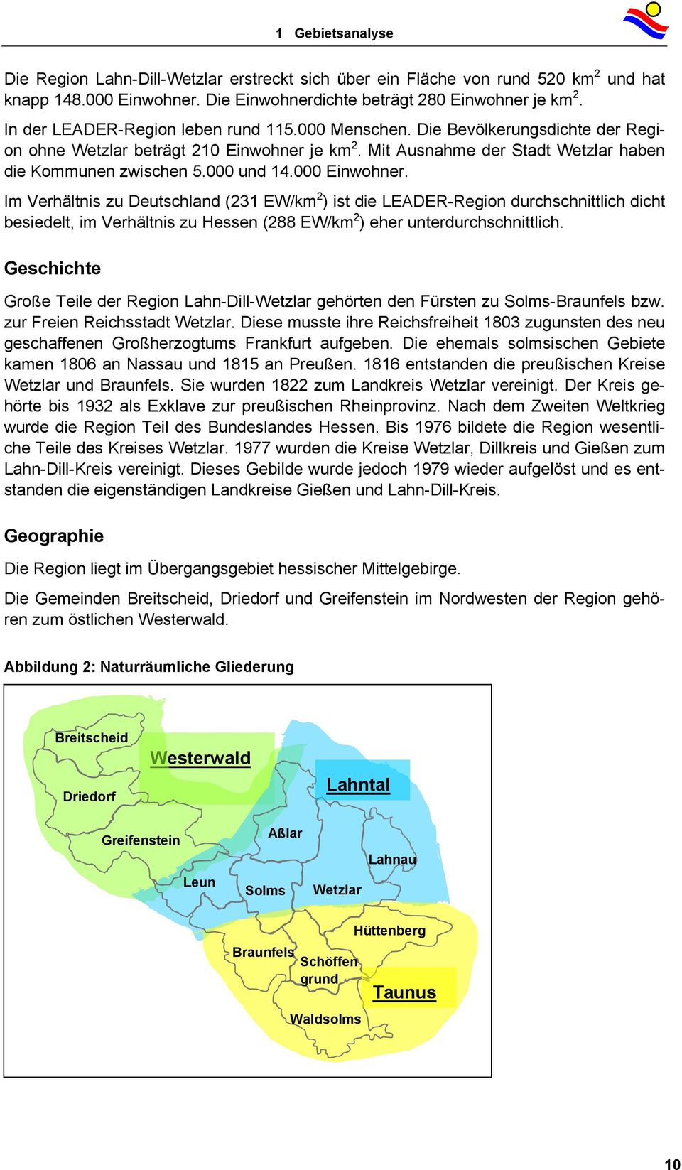 000 Einwohner. Im Verhältnis zu Deutschland (231 EW/km 2 ) ist die LEADER-Region durchschnittlich dicht besiedelt, im Verhältnis zu Hessen (288 EW/km 2 ) eher unterdurchschnittlich.
