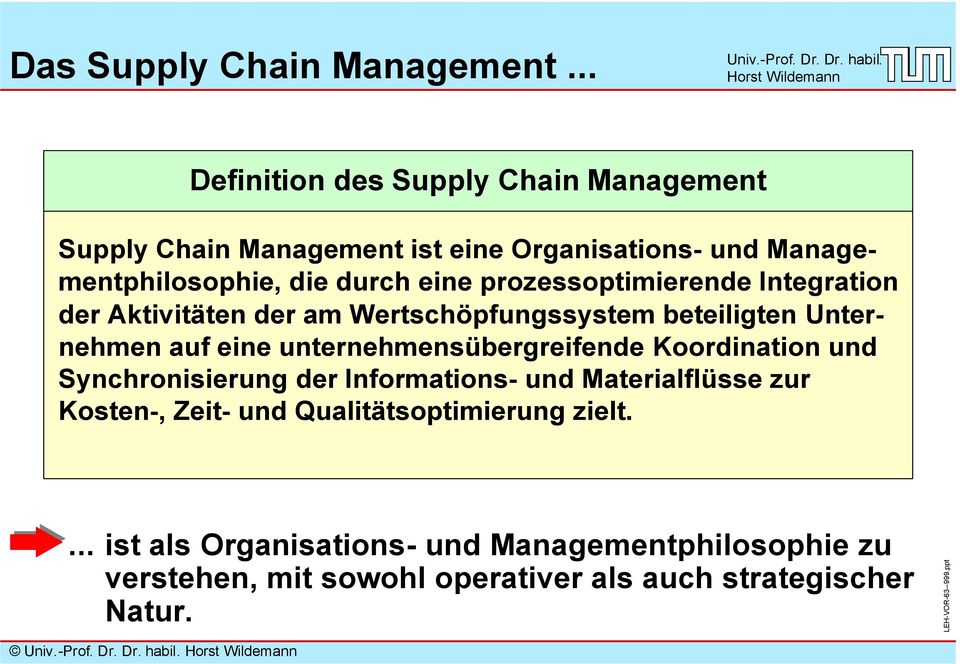 prozessoptimierende Integration der Aktivitäten der am Wertschöpfungssystem beteiligten Unternehmen auf eine