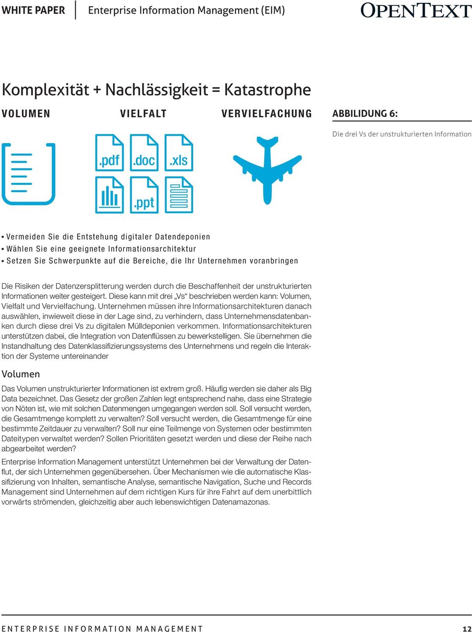 Datenzersplitterung werden durch die Beschaffenheit der unstrukturierten Informationen weiter gesteigert. Diese kann mit drei Vs beschrieben werden kann: Volumen, Vielfalt und Vervielfachung.