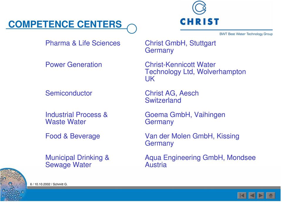 Christ-Kennicott Water Technology Ltd, Wolverhampton UK Christ AG, Aesch Switzerland Goema GmbH,