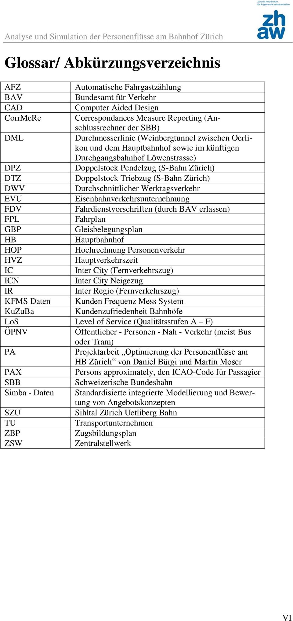 Zürich) DWV Durchschnittlicher Werktagsverkehr EVU Eisenbahnverkehrsunternehmung FDV Fahrdienstvorschriften (durch BAV erlassen) FPL Fahrplan GBP Gleisbelegungsplan HB Hauptbahnhof HOP Hochrechnung