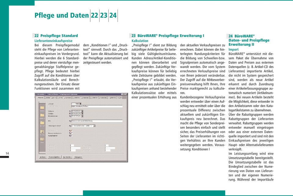 Pflege bedeutet hierbei Zugriff auf die Konditionen über Kalkulationsläufe und Berechnungsroutinen. Der Einsatz dieser Funktionen wird zusammen mit dem Konditionen I und Drucktool sinnvoll.