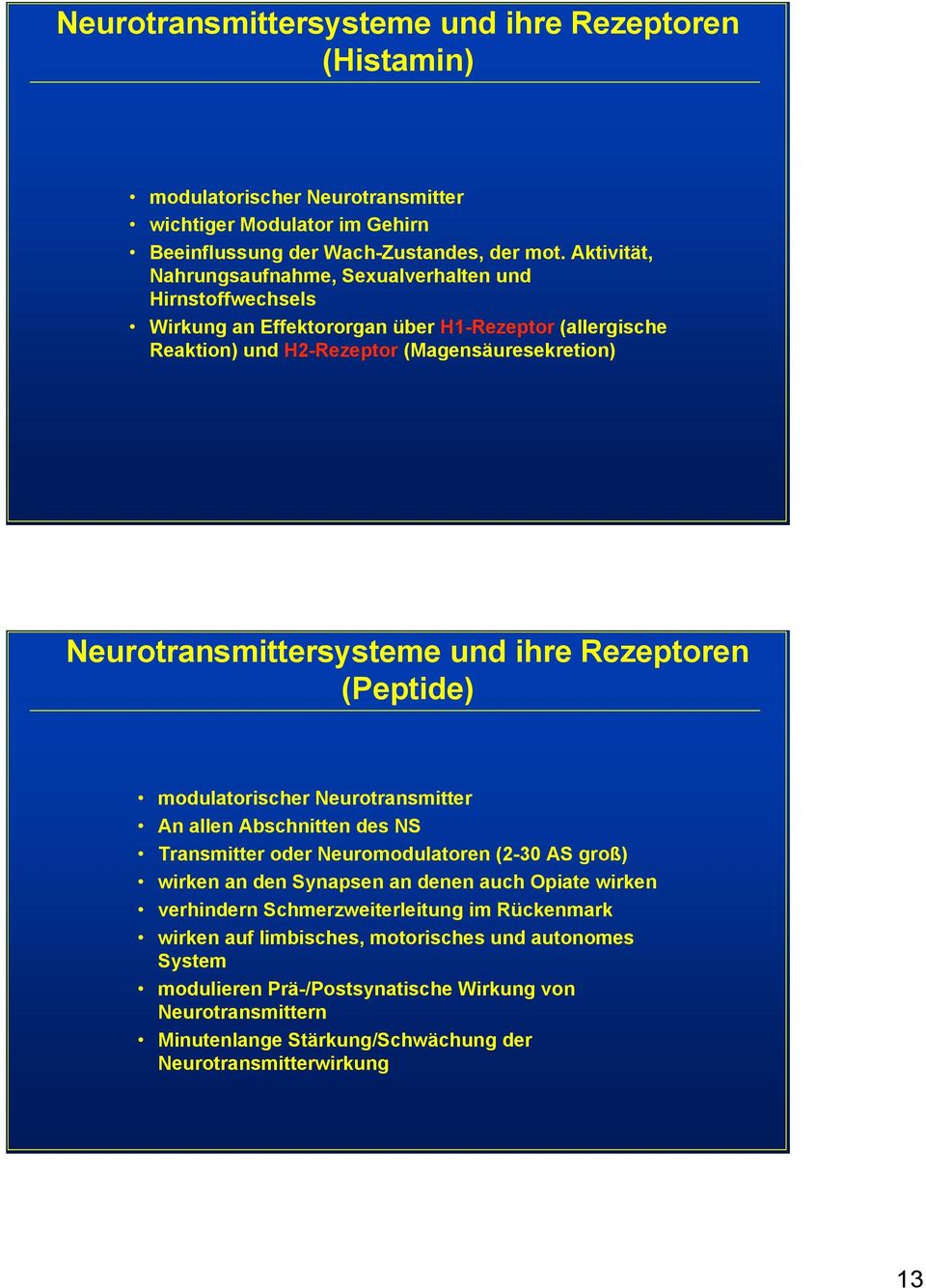 Neurotransmittersysteme und ihre Rezeptoren (Peptide) modulatorischer Neurotransmitter An allen Abschnitten des NS Transmitter oder Neuromodulatoren (2-30 AS groß) wirken an den Synapsen an
