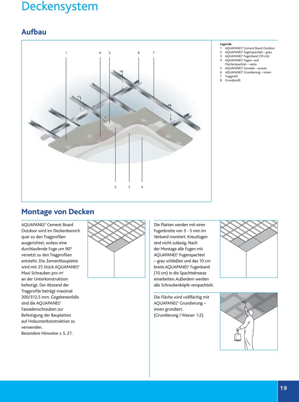 eine durchlaufende Fuge um 90 versetzt zu den Tragprofilen entsteht. Die Zementbauplatte wird mit 25 Stück AQUAPANEL2 Maxi Schrauben pro m 2 an der Unterkonstruktion befestigt.